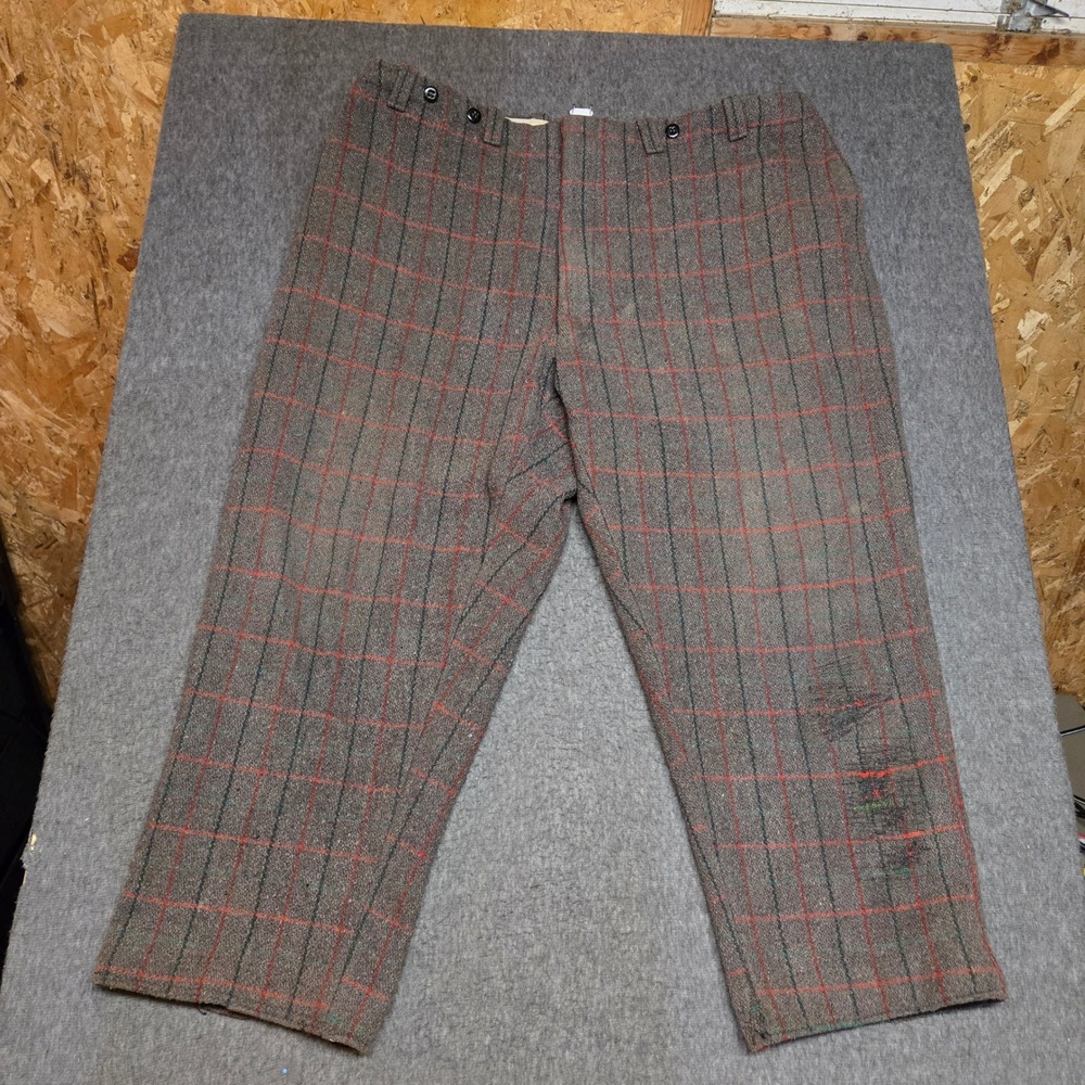 Vintage Tweed Hollywood Waist Trousers Men 42x28 Plaid Wool Brown Scovill Zipper